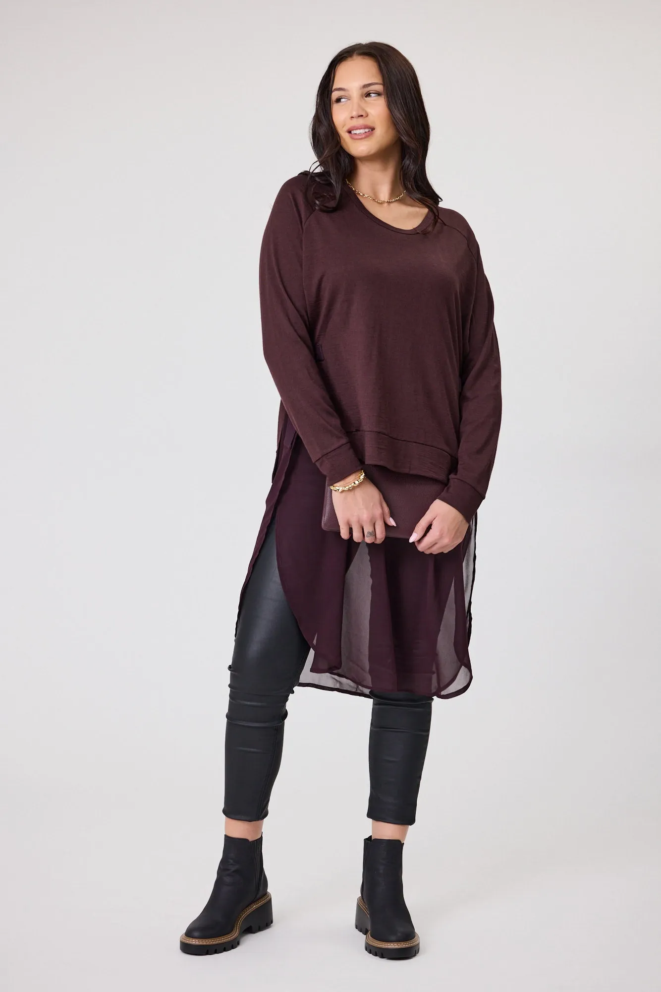 Alpine by Shine On Paris Merino & Chiffon Tunic Chocolate sold by Shine On product image thumbnail 4