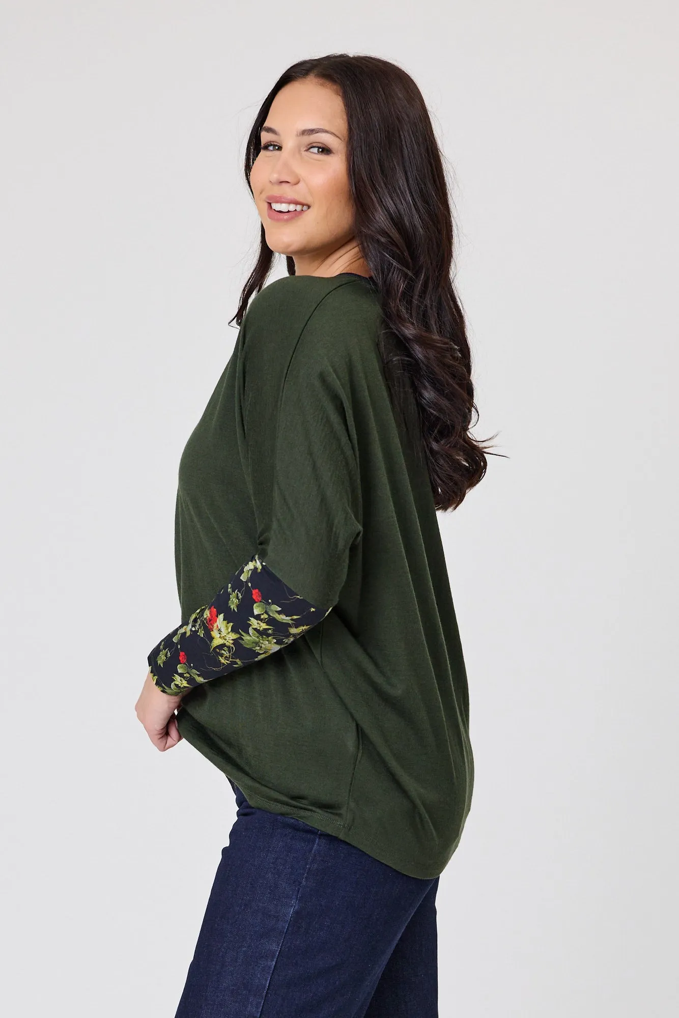 Alpine by Shine On Lyon Merino Hilo Top Olive with Floral Print Sleeves sold by Shine On product image thumbnail 2