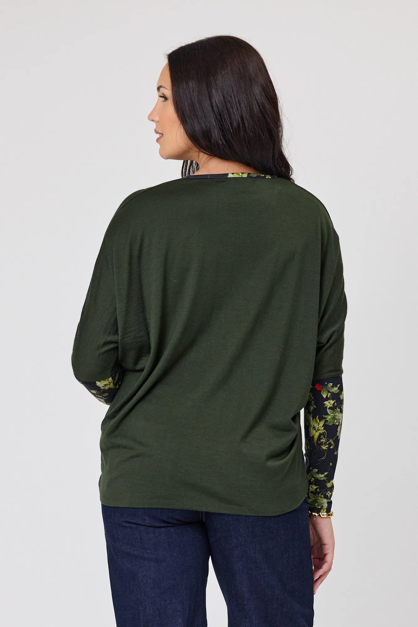 Alpine by Shine On Lyon Merino Hilo Top Olive with Floral Print Sleeves sold by Shine On product image thumbnail 3