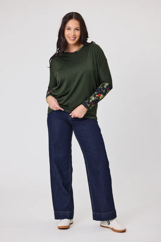 Alpine by Shine On Lyon Merino Hilo Top Olive with Floral Print Sleeves sold by Shine On