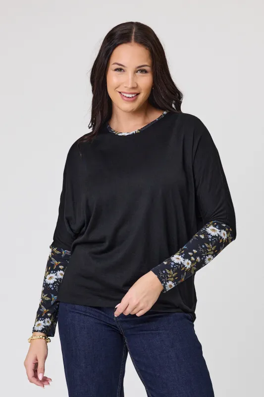 Alpine by Shine On Lyon Merino Hilo Top Black with Floral Print Sleeves sold by Shine On