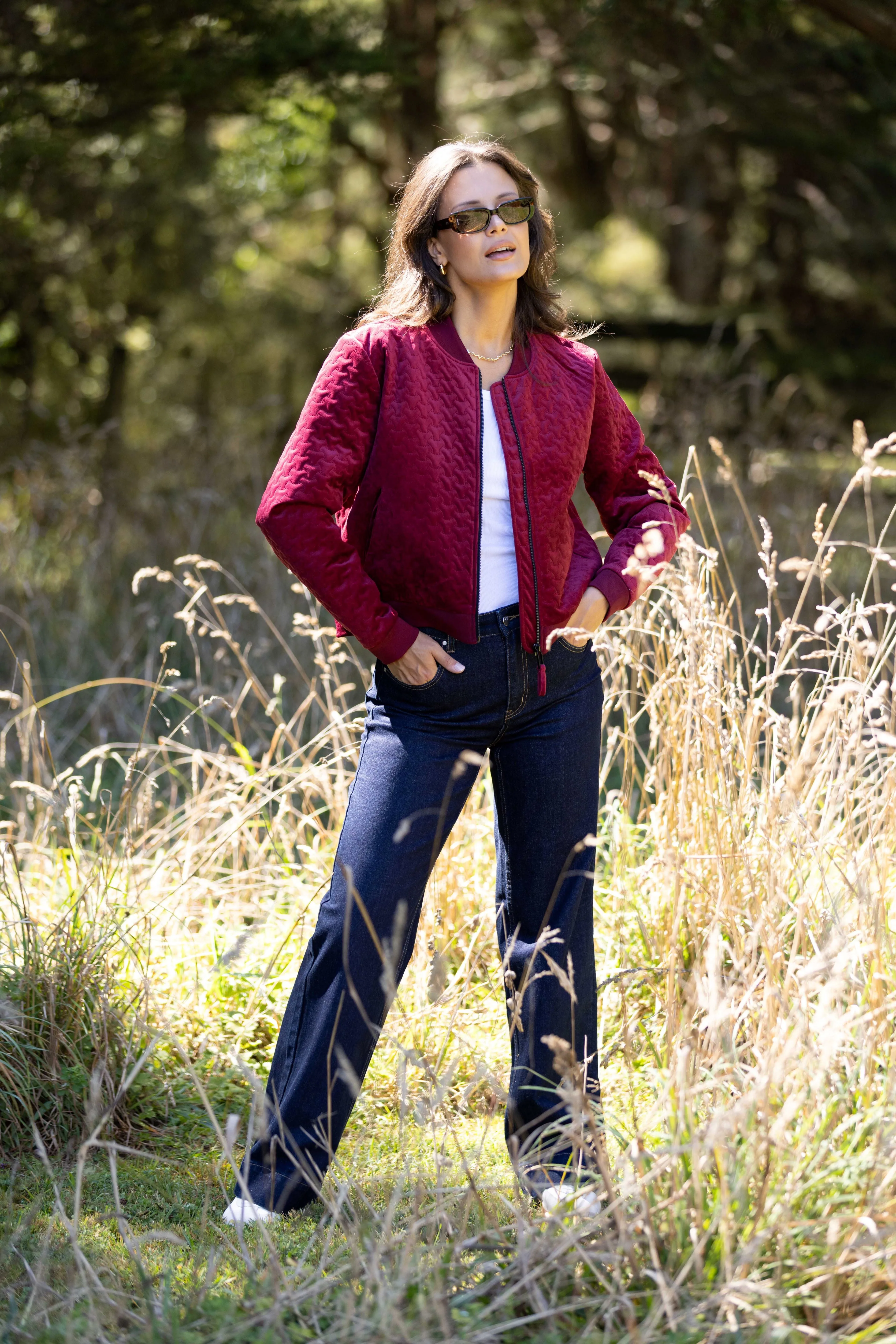 Gloss the Label James Quilted Velvet Bomber Jacket Deep Rose sold by Shine On product image thumbnail 3