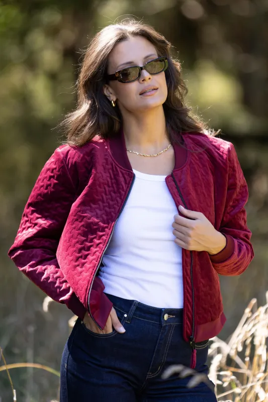 Gloss the Label James Quilted Velvet Bomber Jacket Deep Rose sold by Shine On