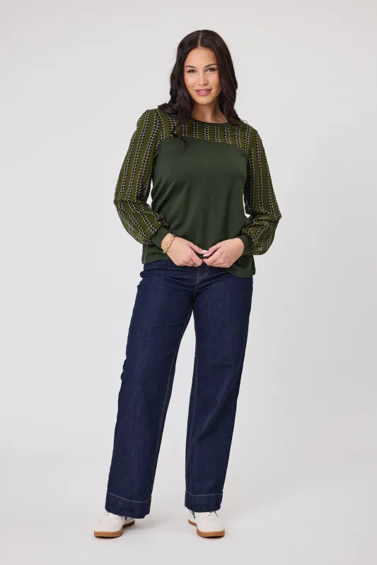 Alpine by Shine On Evelyn Contrast Top Olive with Spot Print sold by Shine On