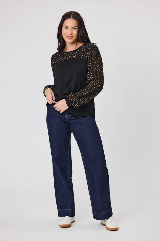 Alpine by Shine On Evelyn Contrast Top Black with Gold Spot Print sold by Shine On