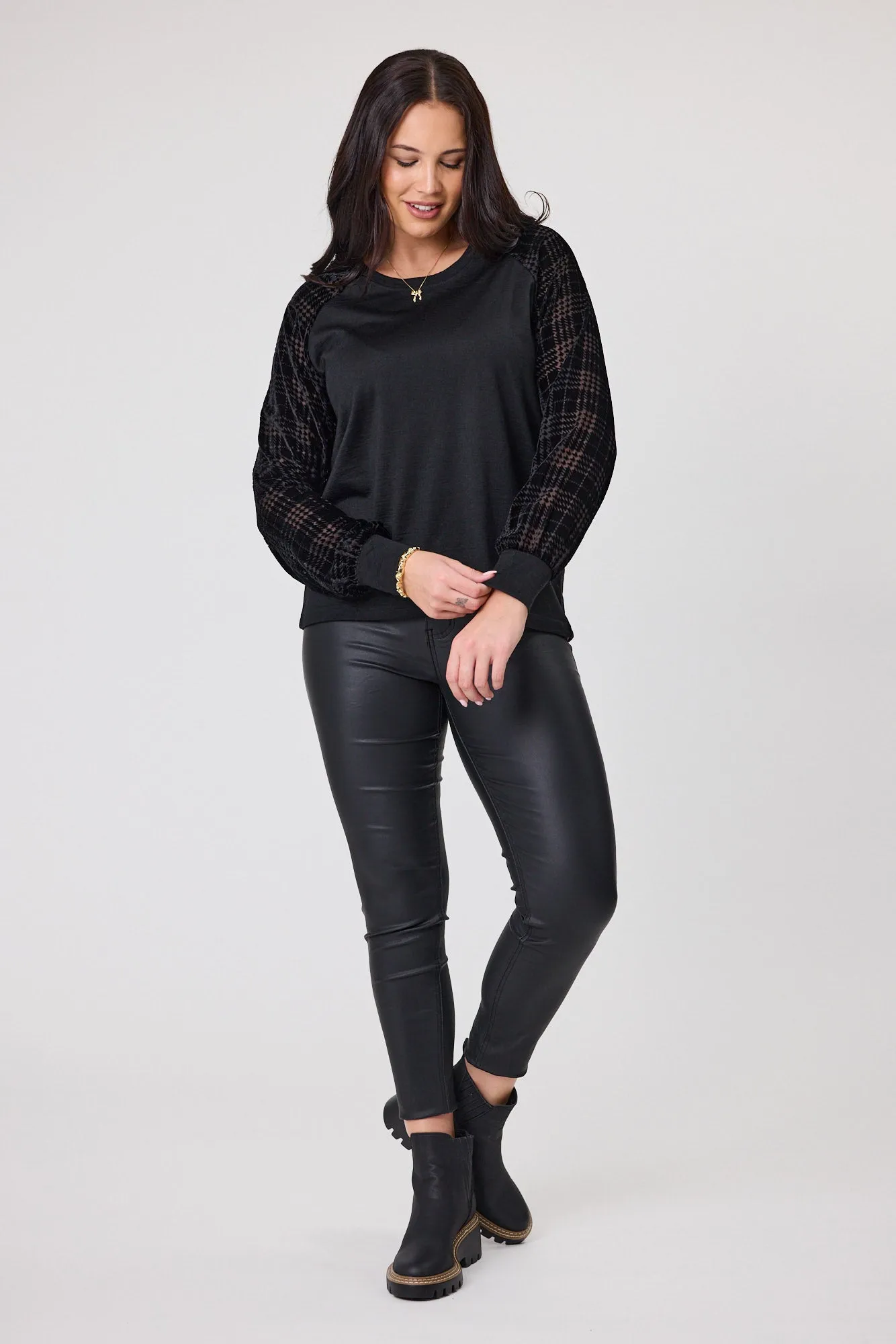 Alpine by Shine On Chantily Merino Flocked Sleeve Top Black sold by Shine On