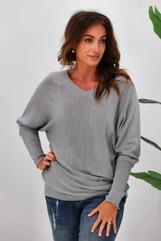 Alpine by Shine On Gigi Merino Batwing Top Grey Marl sold by Shine On