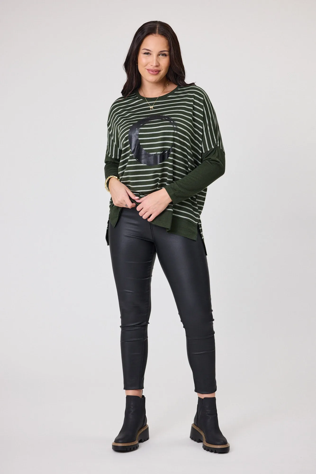 Alpine by Shine On Brunswick Striped Merino Top Olive Grey sold by Shine On