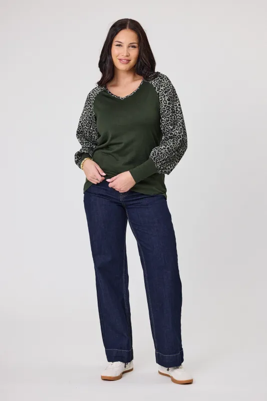 Alpine by Shine On Adeline Top Olive with Animal Print sold by Shine On