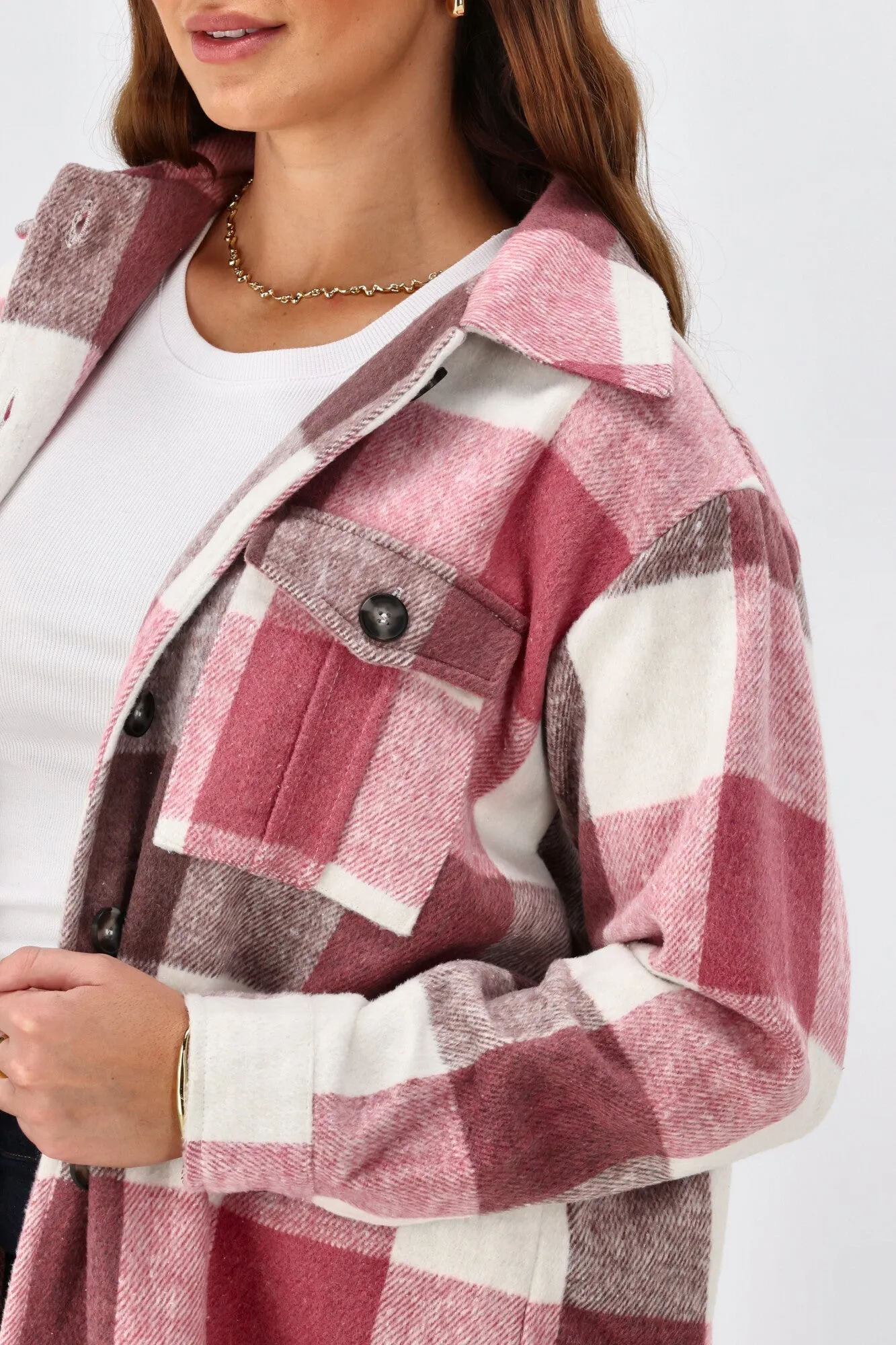 Shine On Label Treyton Checked Shacket Raspberry sold by Shine On product image thumbnail 2
