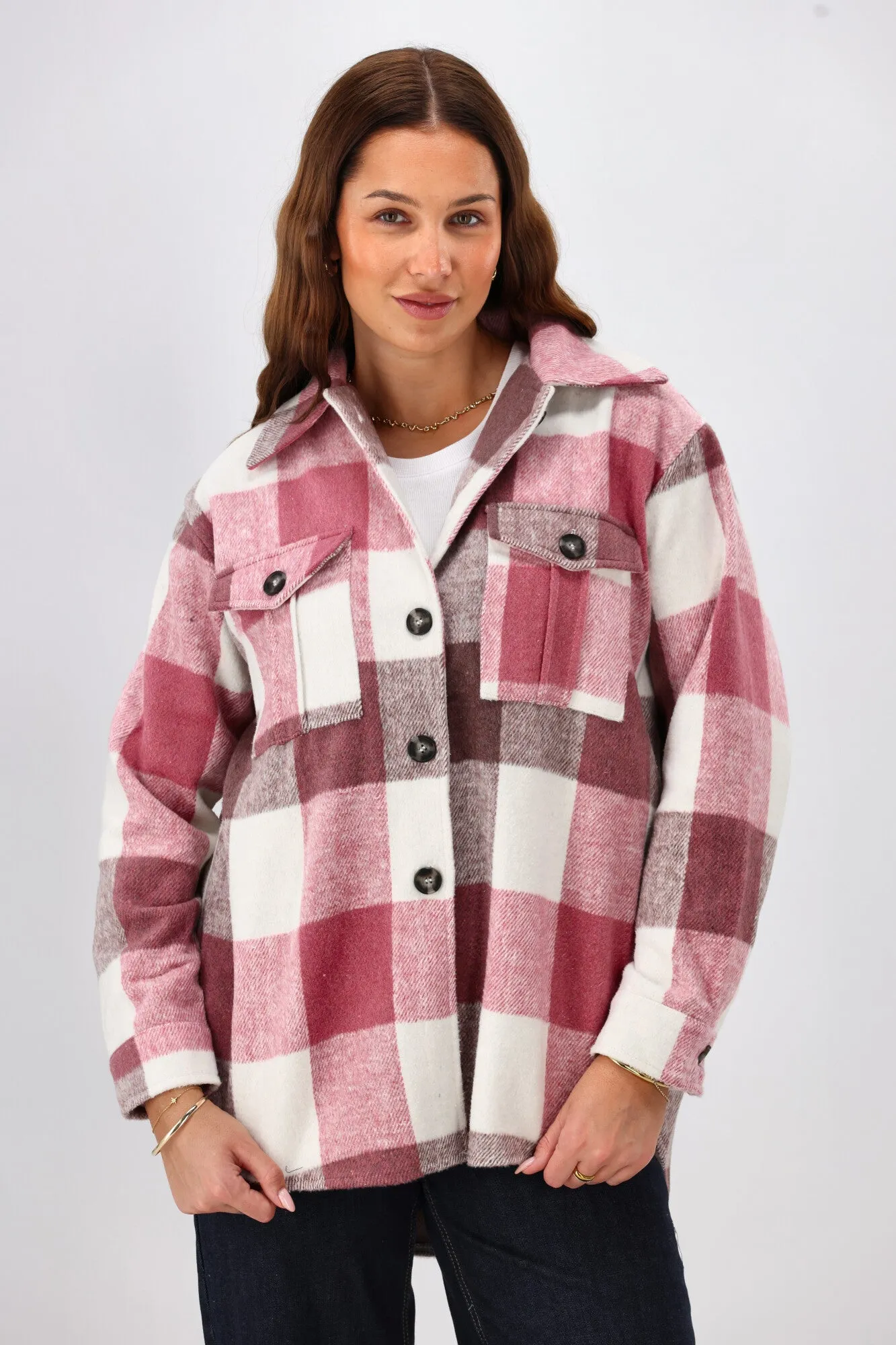 Shine On Label Treyton Checked Shacket Raspberry sold by Shine On product image thumbnail 3