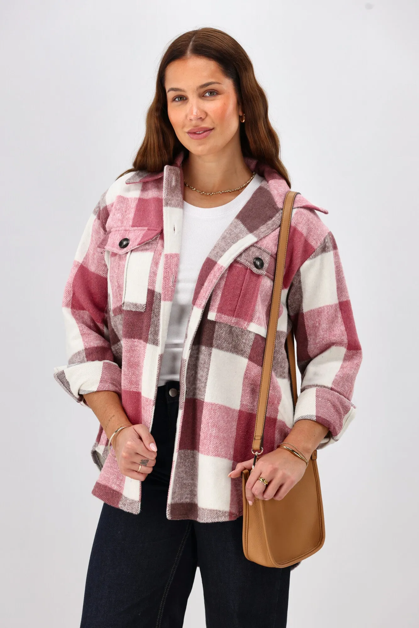 Shine On Label Treyton Checked Shacket Raspberry sold by Shine On