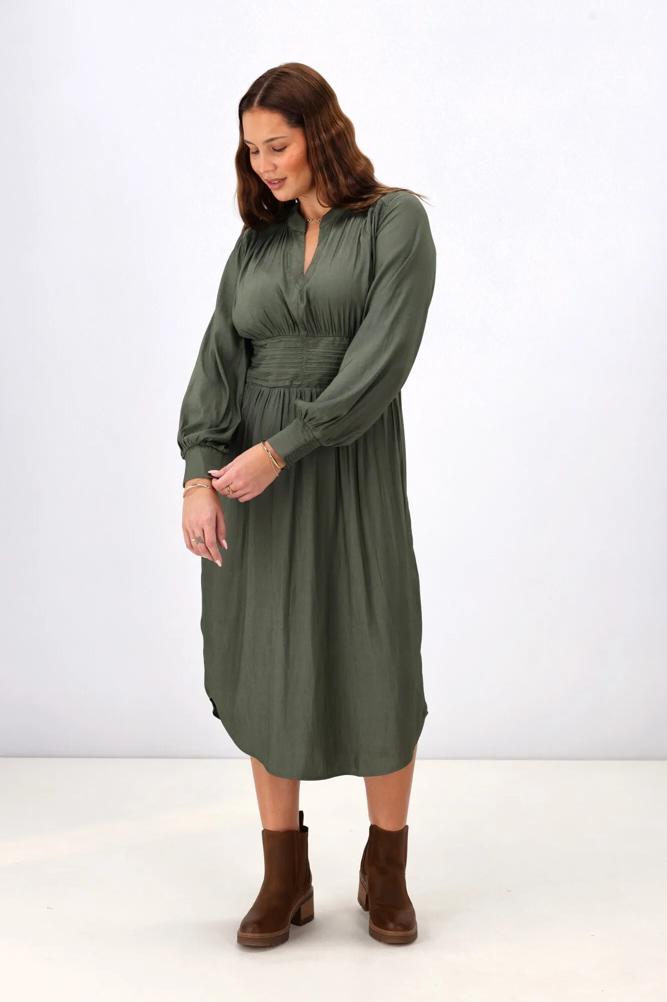 Gloss the Label Ellery Shirred Detail Dress Olive sold by Shine On product image thumbnail 3