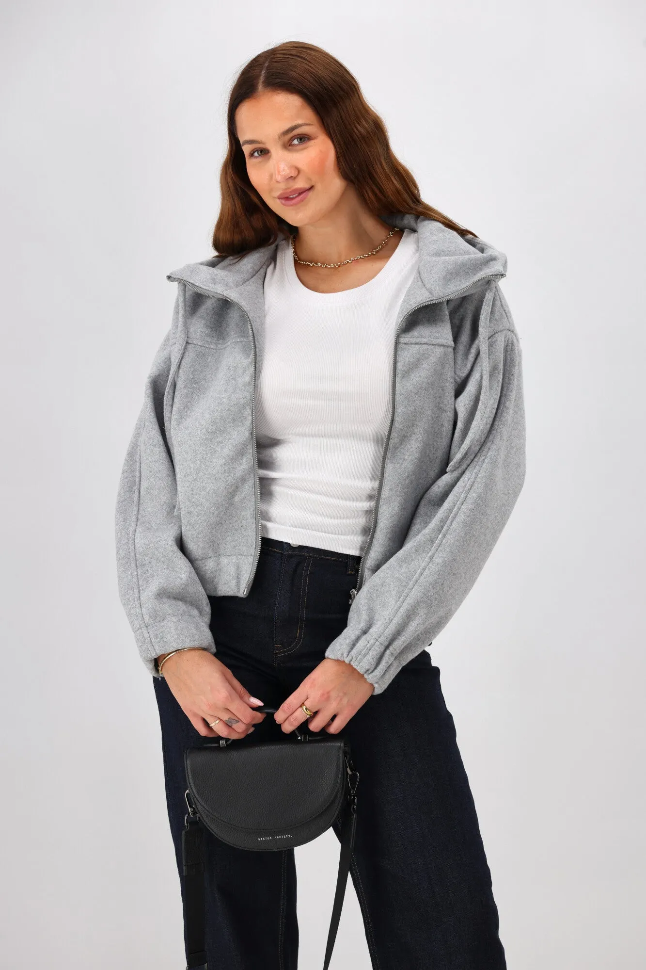 Shine On Label Metro Felt Hooded Bomber Jacket Grey Marl sold by Shine On product image thumbnail 3