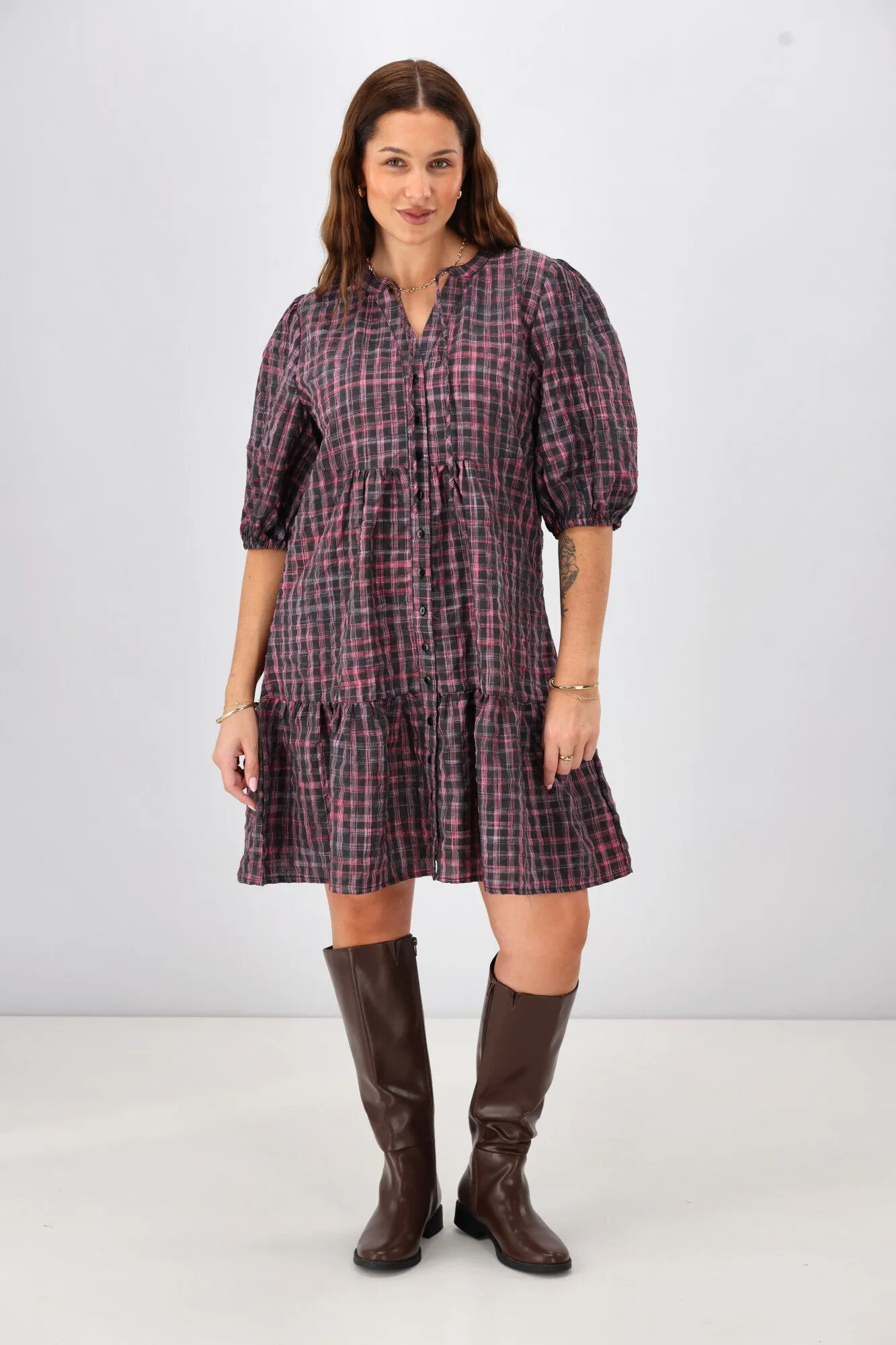 Shine On Label Evangeline Puff Sleeve Dress Black Check sold by Shine On