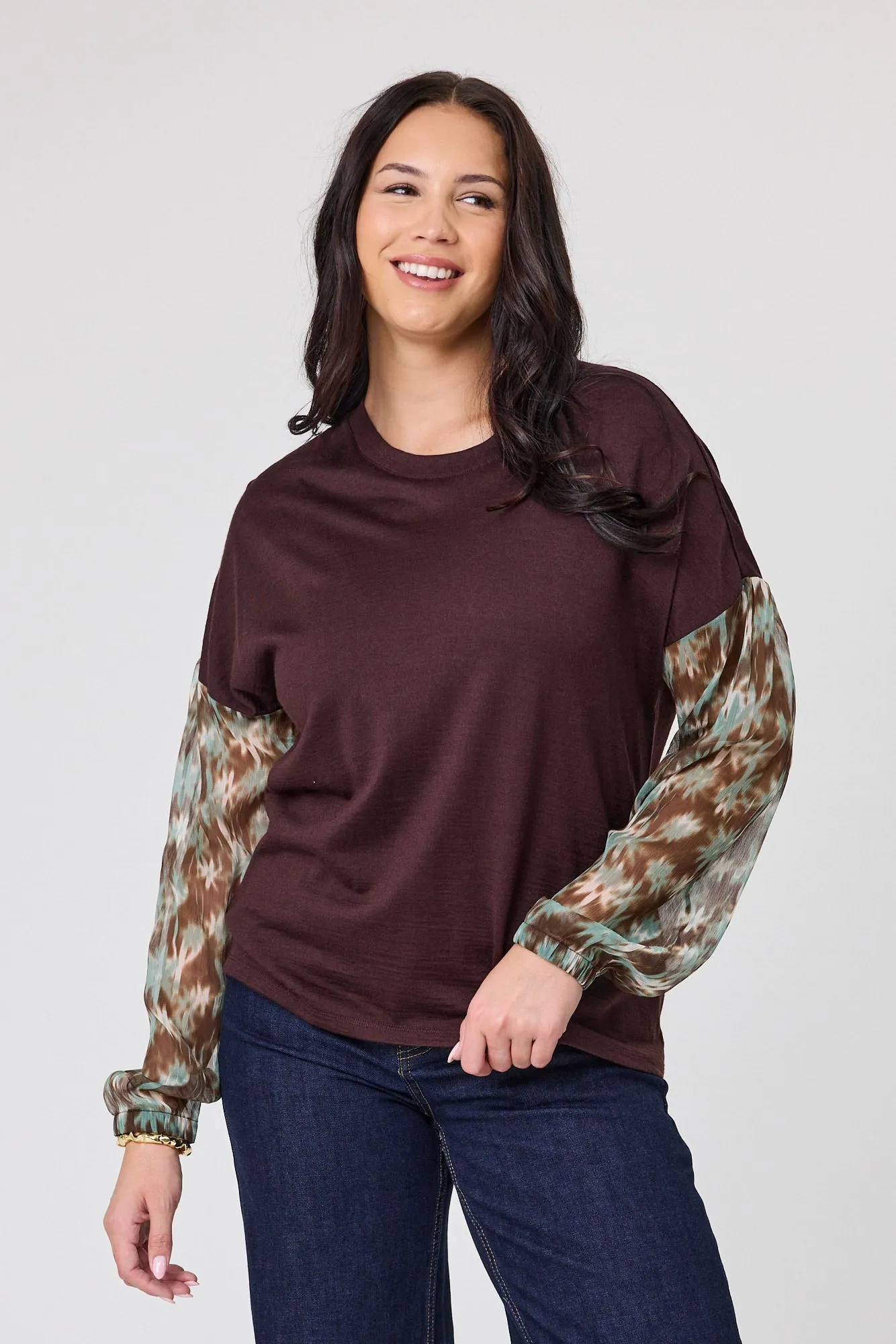 Alpine by Shine On Lourdes Chiffon Sleeve Top Chocolate sold by Shine On