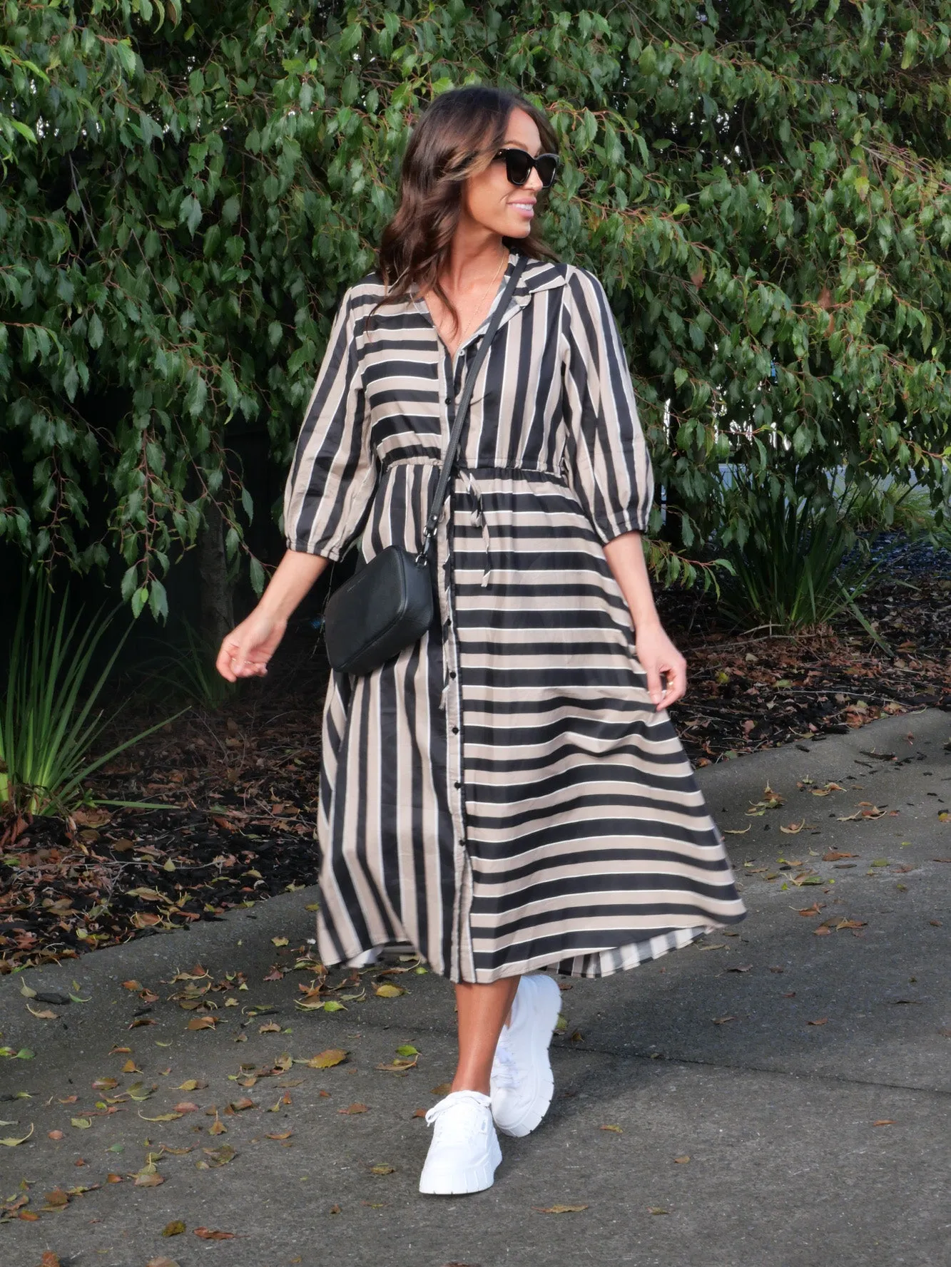 Boho Australia Moss Midi Dress Stripe Brown Tan | Parallel