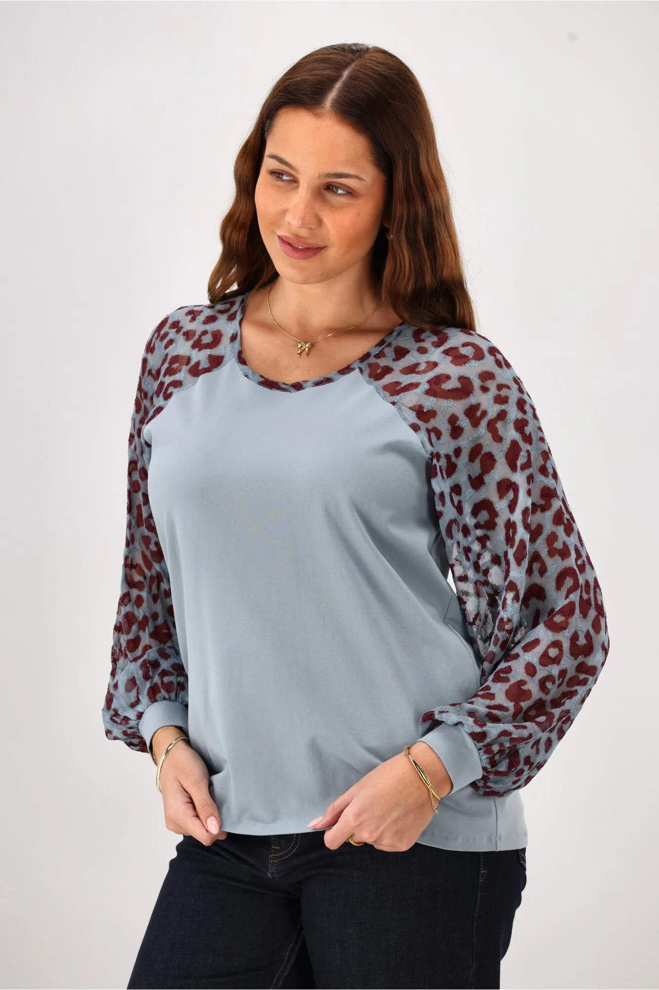 Gloss The Label Sutton Balloon Sleeve Top Blue Animal Print sold by Shine On product image thumbnail 2