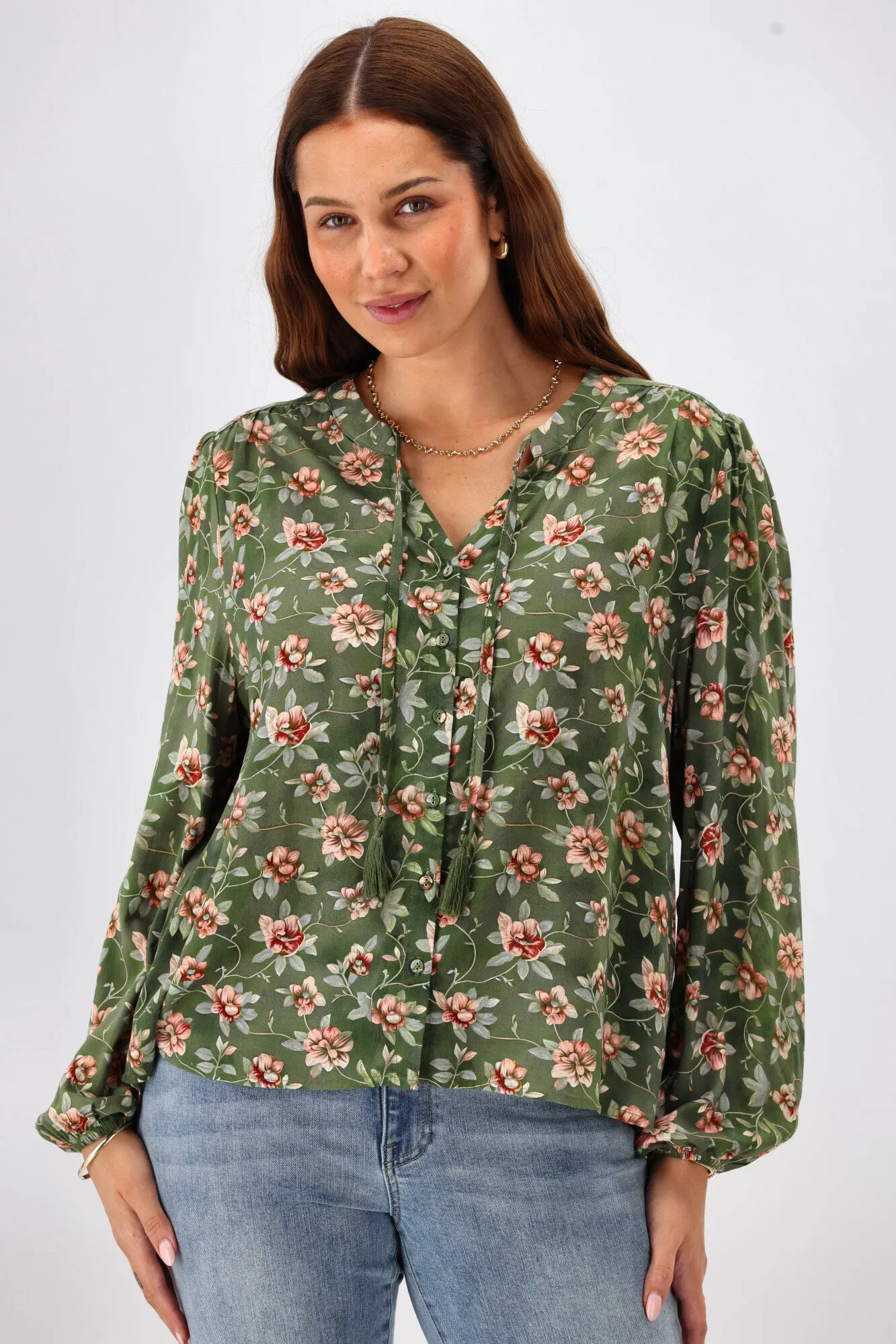 Gloss The Label Zinnia Mandarin Collar Blouse Botanical Floral sold by Shine On