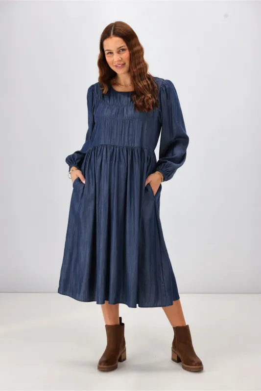 Shine On Label Simi Shirred Detail Chambray Dress Indigo sold by Shine On