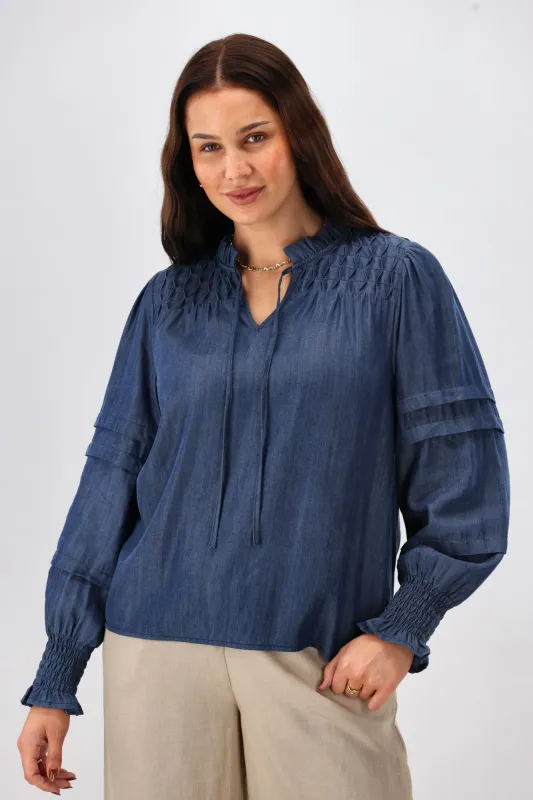 Shine On Label Elaina Chambray Tie Detail Top Indigo sold by Shine On