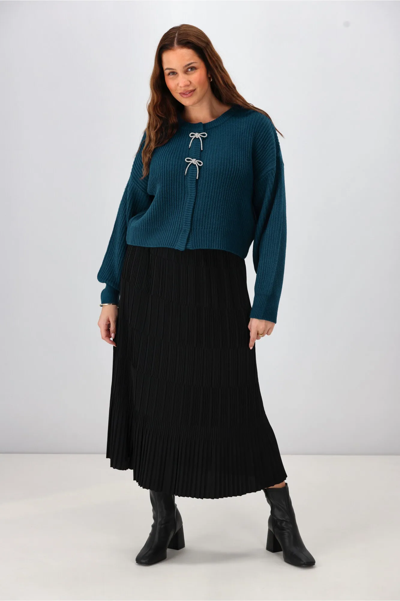 Gloss The Label Delilah Bow Cardigan Petrol sold by Shine On product image thumbnail 3