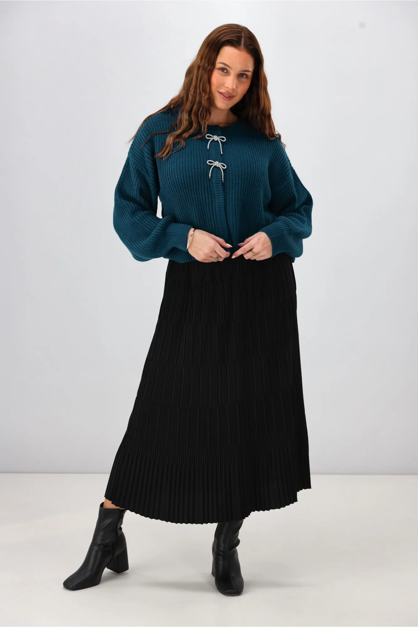 Gloss The Label Delilah Bow Cardigan Petrol sold by Shine On product image thumbnail 5