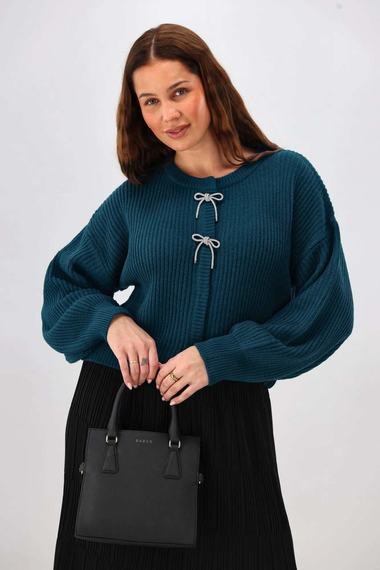 Gloss The Label Delilah Bow Cardigan Petrol sold by Shine On product image thumbnail 4