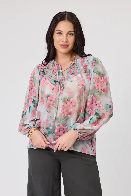 Gloss by Shine On Zara Shirred Neck Top Pink Water Colour Floral sold by Shine On