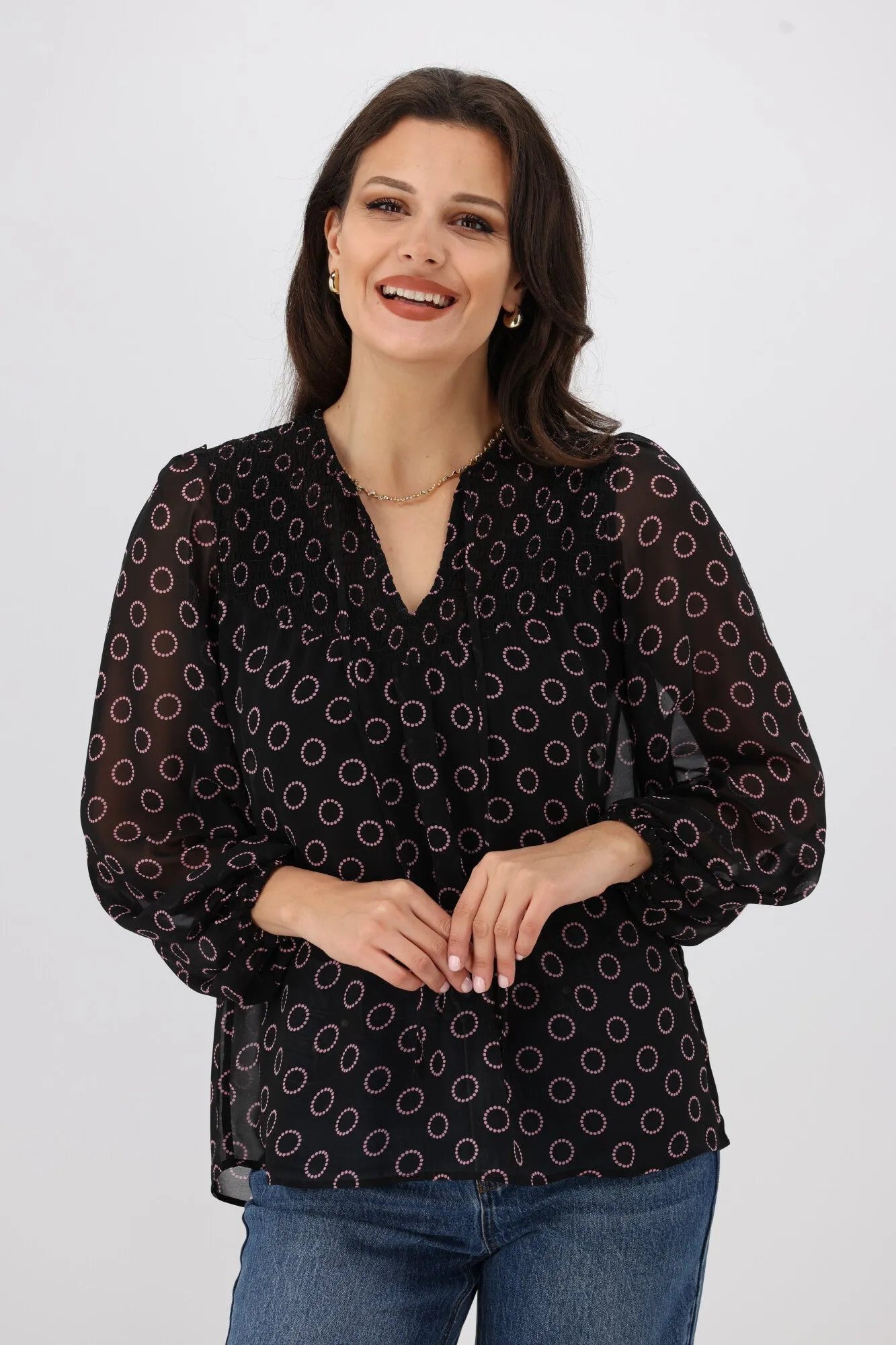 Gloss by Shine On Zara Shirred Neck Top Black Circle Print sold by Shine On product image thumbnail 2