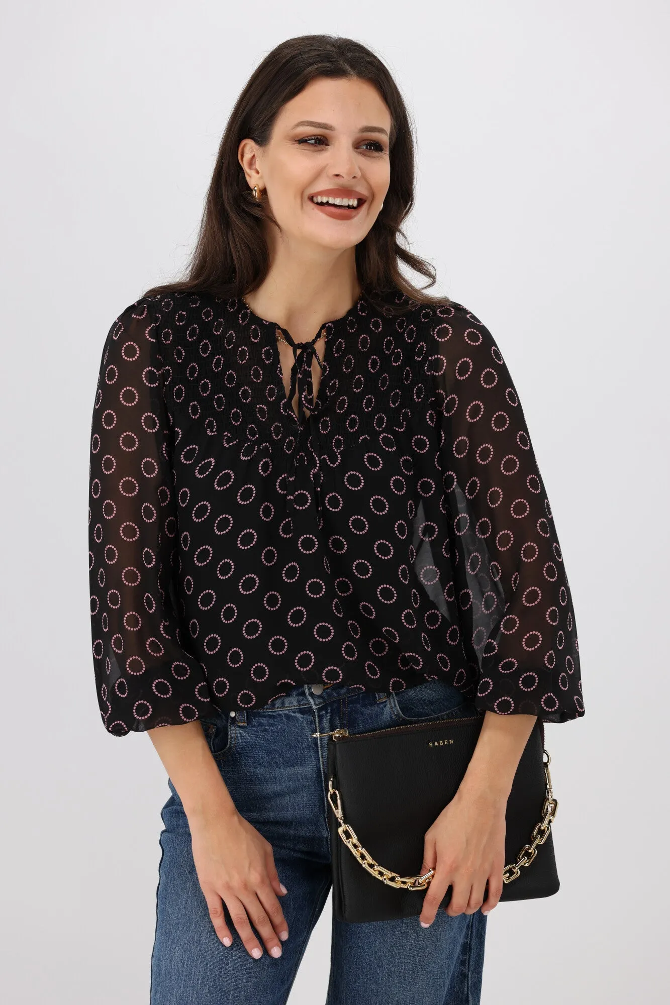 Gloss by Shine On Zara Shirred Neck Top Black Circle Print sold by Shine On product image thumbnail 5