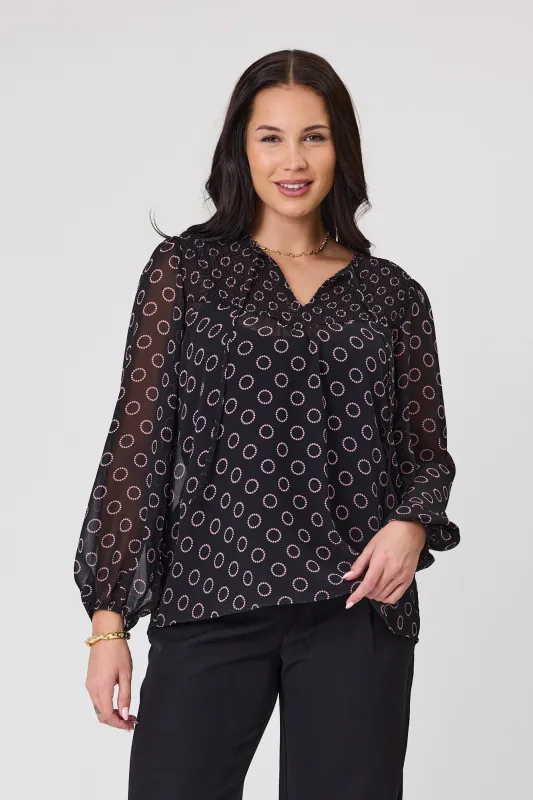 Gloss by Shine On Zara Shirred Neck Top Black Circle Print sold by Shine On