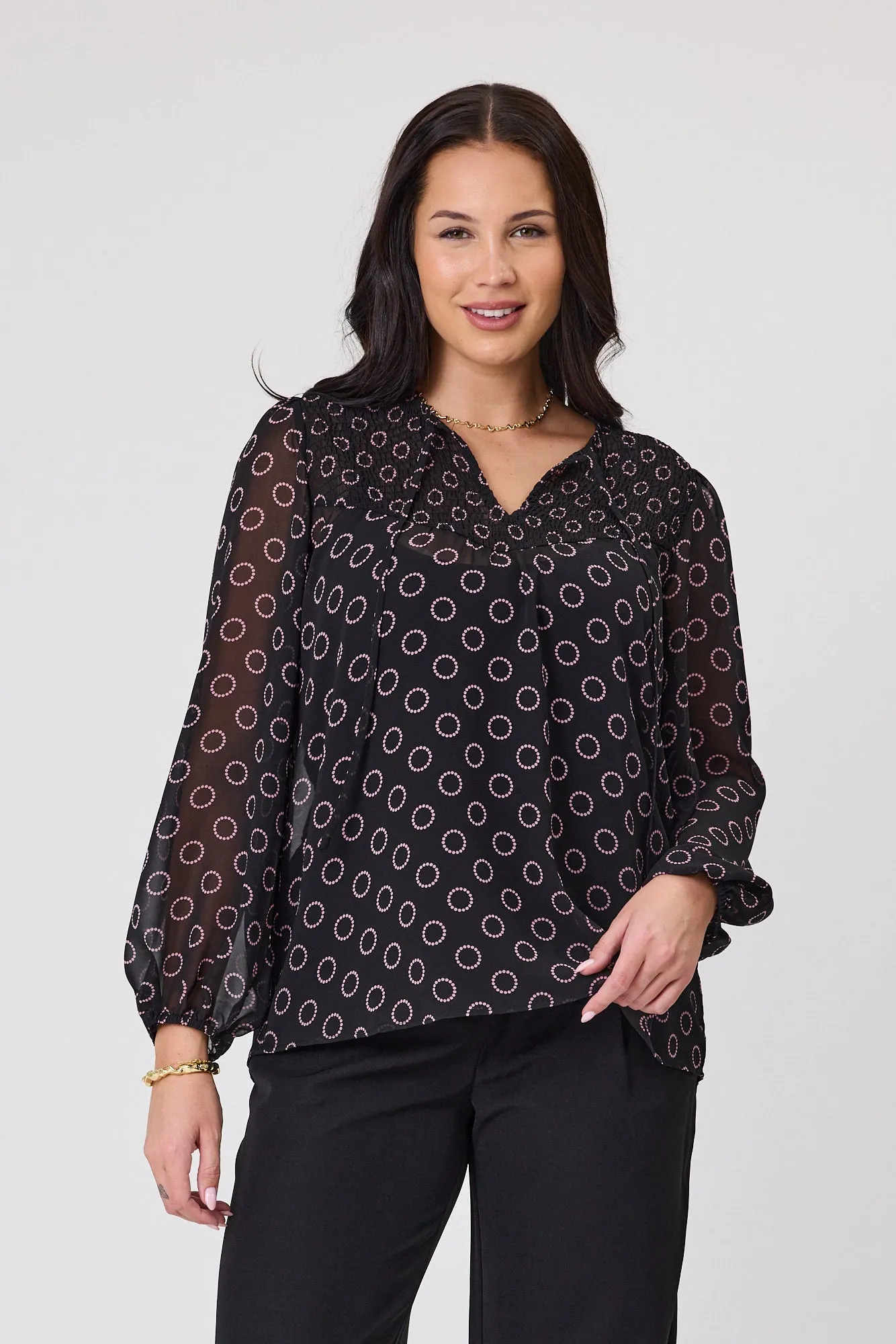 Gloss by Shine On Zara Shirred Neck Top Black Circle Print sold by Shine On