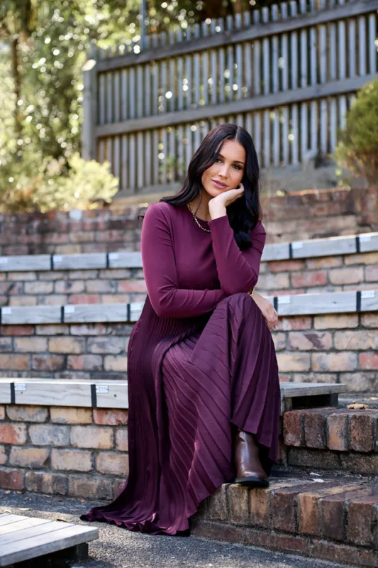 Gloss by Shine On Vester Knit Dress with Woven Pleat Skirt Wine sold by Shine On