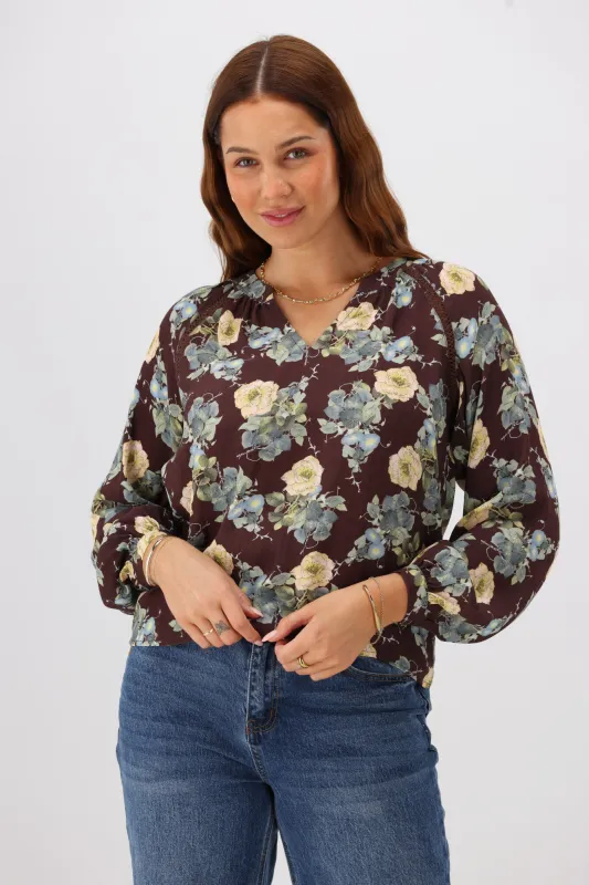 Gloss The Label Timiana Lace Trim Top Chocolate Floral sold by Shine On