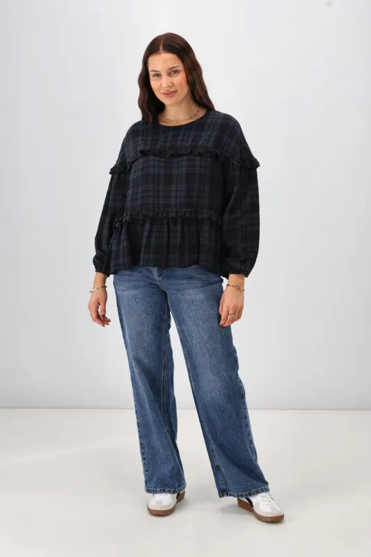 Shine On Label Teydey Ruffle Top Ink Check sold by Shine On