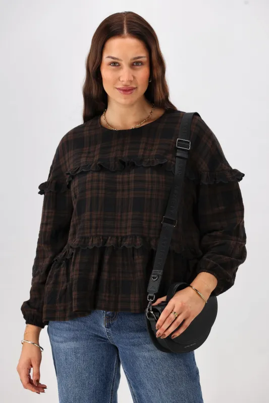 Shine On Label Teydey Ruffle Top Chocolate Check sold by Shine On