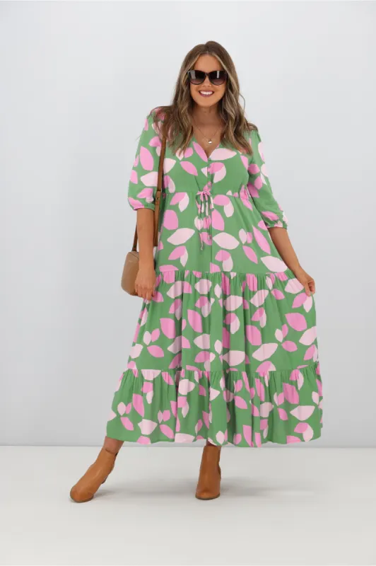 Fria Amelia Amora 3/4 Sleeve Maxi Dress Green made by Shine On