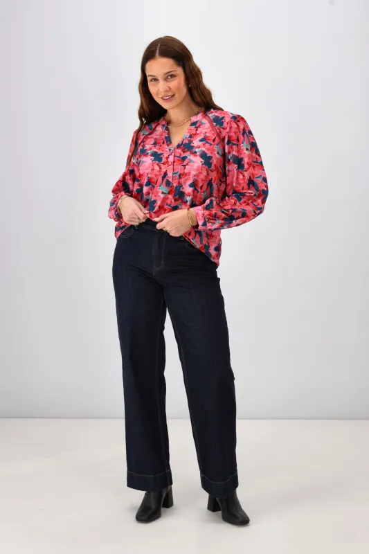Gloss The Label Leilani Mandarin Collar Blouse Autumn Watercolour Floral sold by Shine On