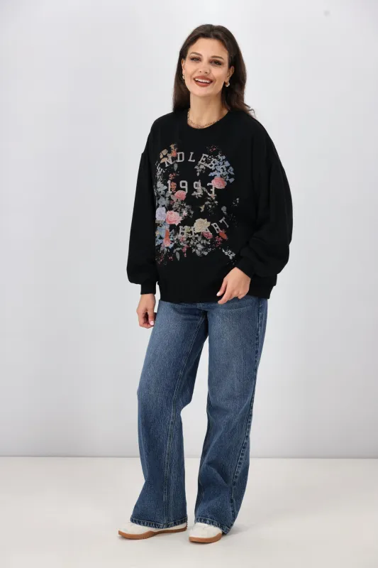 Shine On Label Henley Vintage Print Sweatshirt Washed Black sold by Shine On