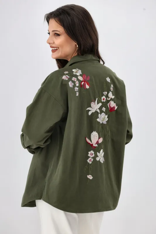 Shine On Label Oasis Embroidered  Shacket Olive sold by Shine On