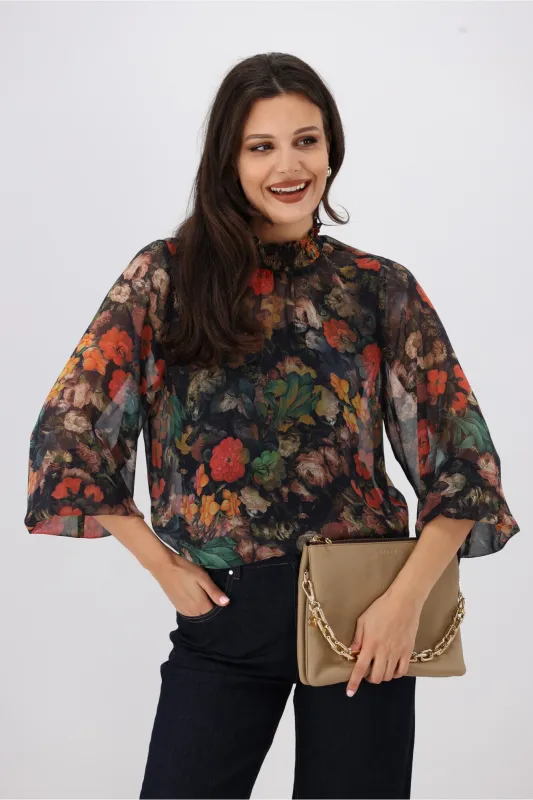 Gloss The Label Zeyna Shirred Neck Top Floral Print sold by Shine On