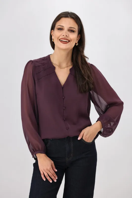 Gloss The Label Zena Ladder Lace Blouse Berry sold by Shine On