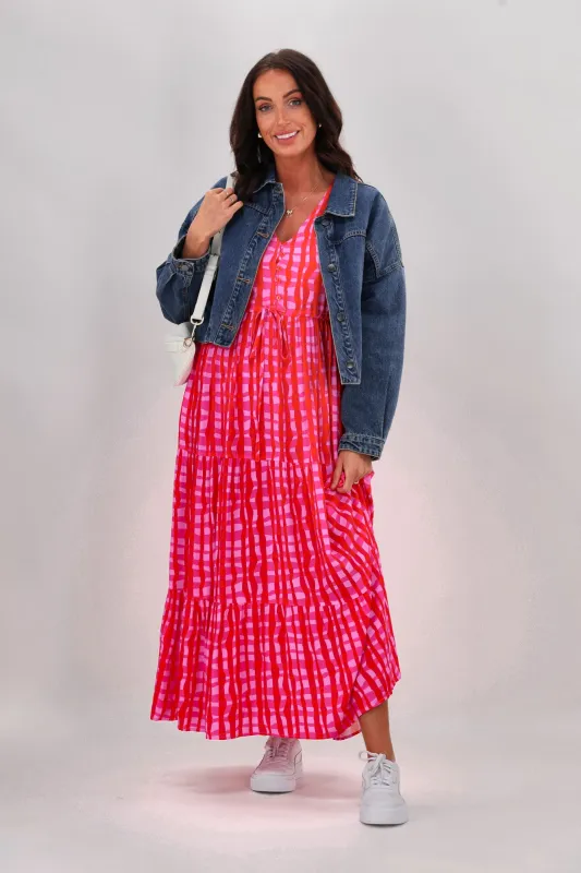 Sunday Boho Beckett Midi Dress Pink Check Pre-Order Due End Of June sold by Shine On