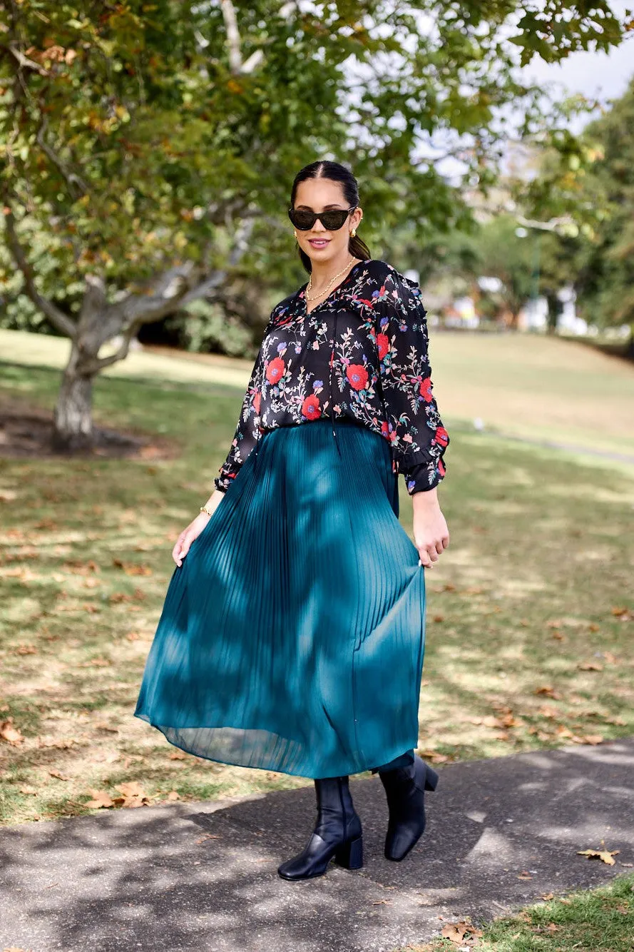 Gloss The Label Lula Variagated Pleated Skirt Petrol sold by Shine On