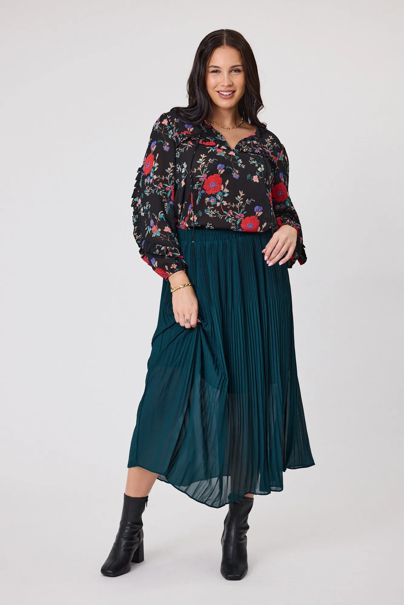 Gloss The Label Lula Variagated Pleated Skirt Petrol sold by Shine On product image thumbnail 3