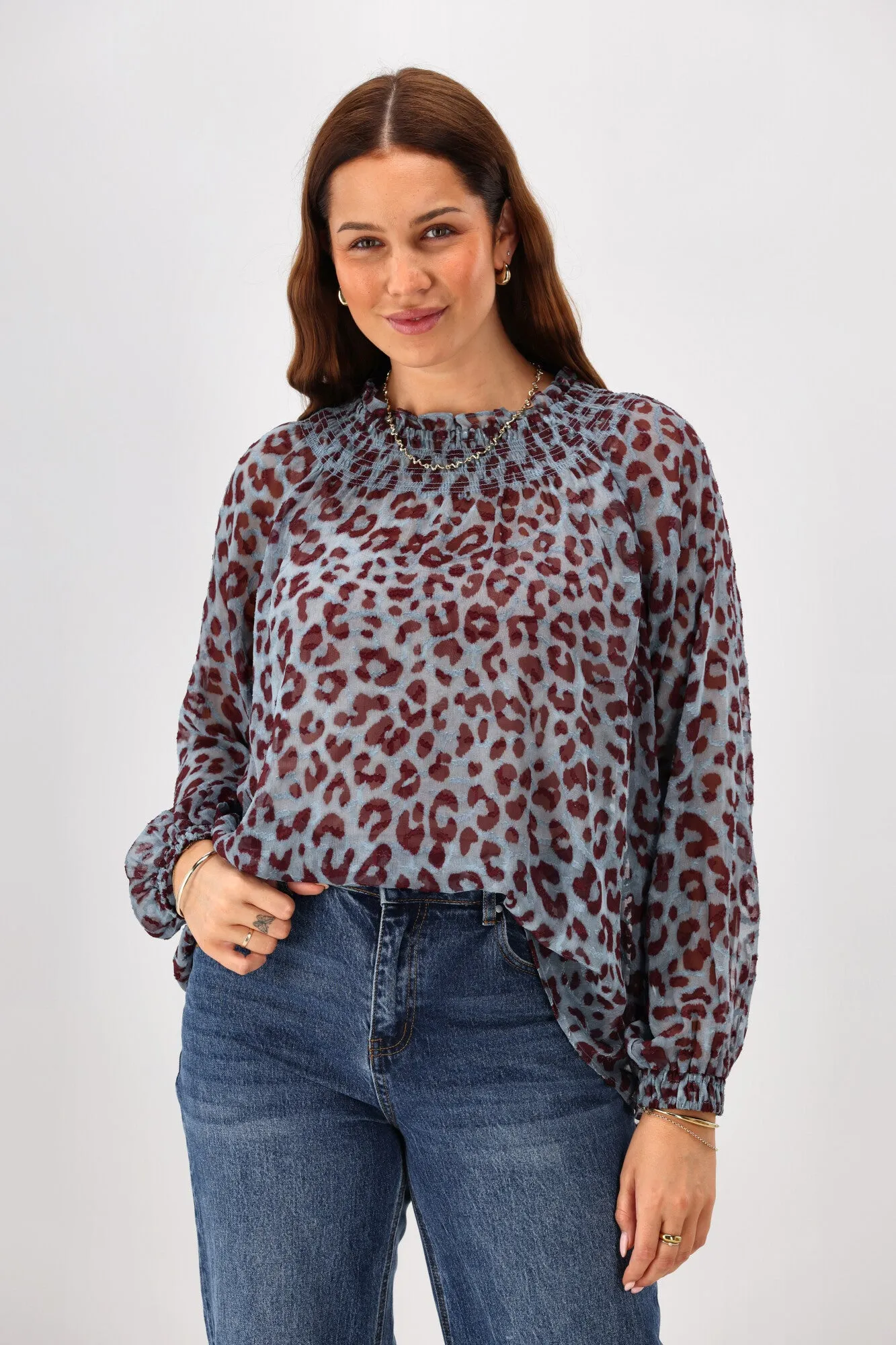 Gloss The Label Nell Shirred Neck Top Blue Animal Print sold by Shine On product image thumbnail 2