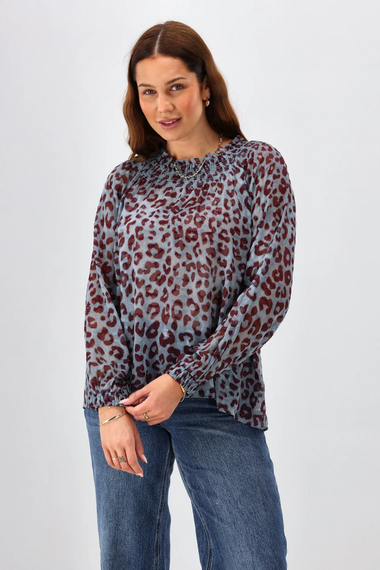 Gloss The Label Nell Shirred Neck Top Blue Animal Print sold by Shine On product image thumbnail 4