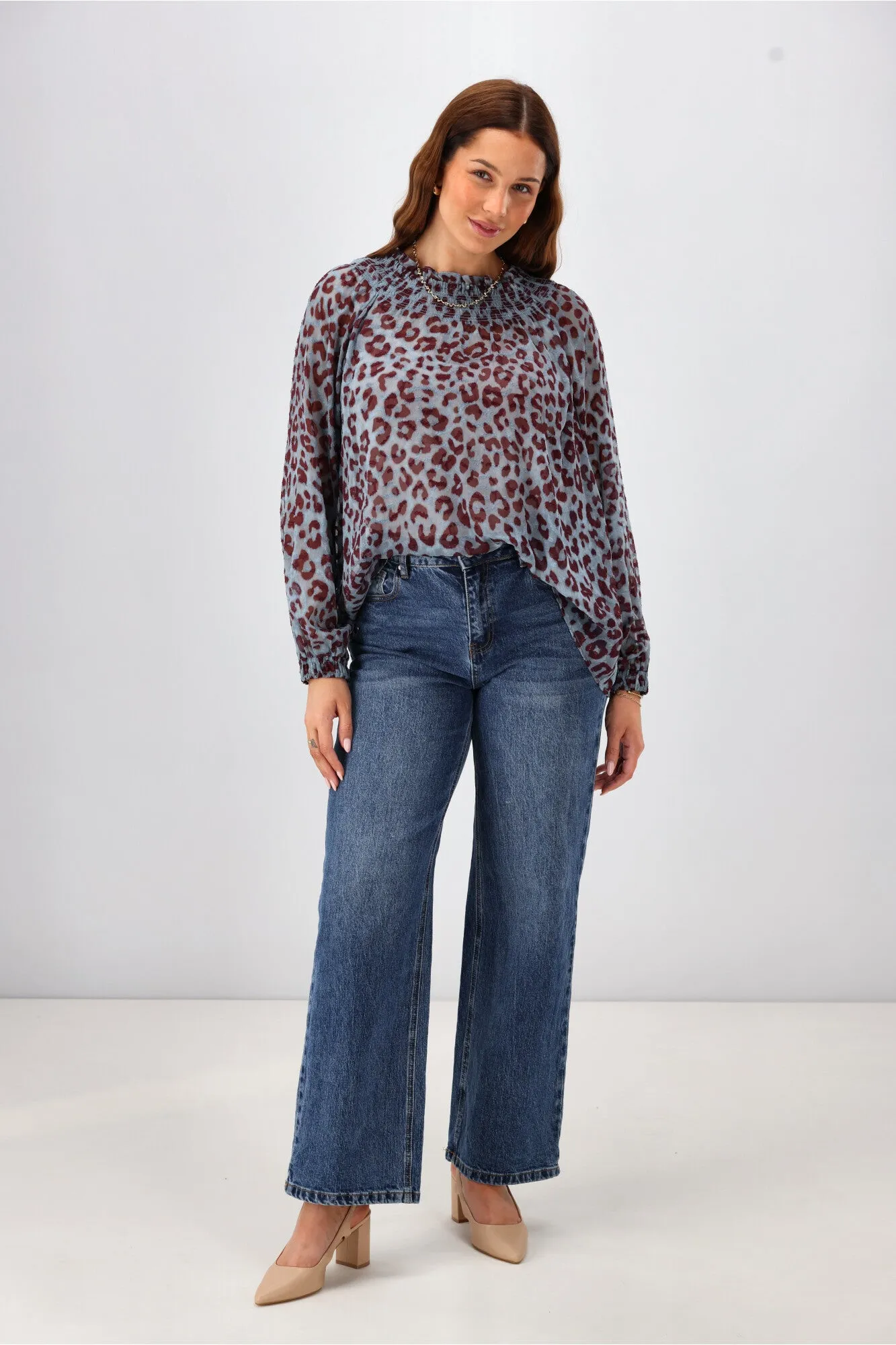 Gloss The Label Nell Shirred Neck Top Blue Animal Print sold by Shine On product image thumbnail 5