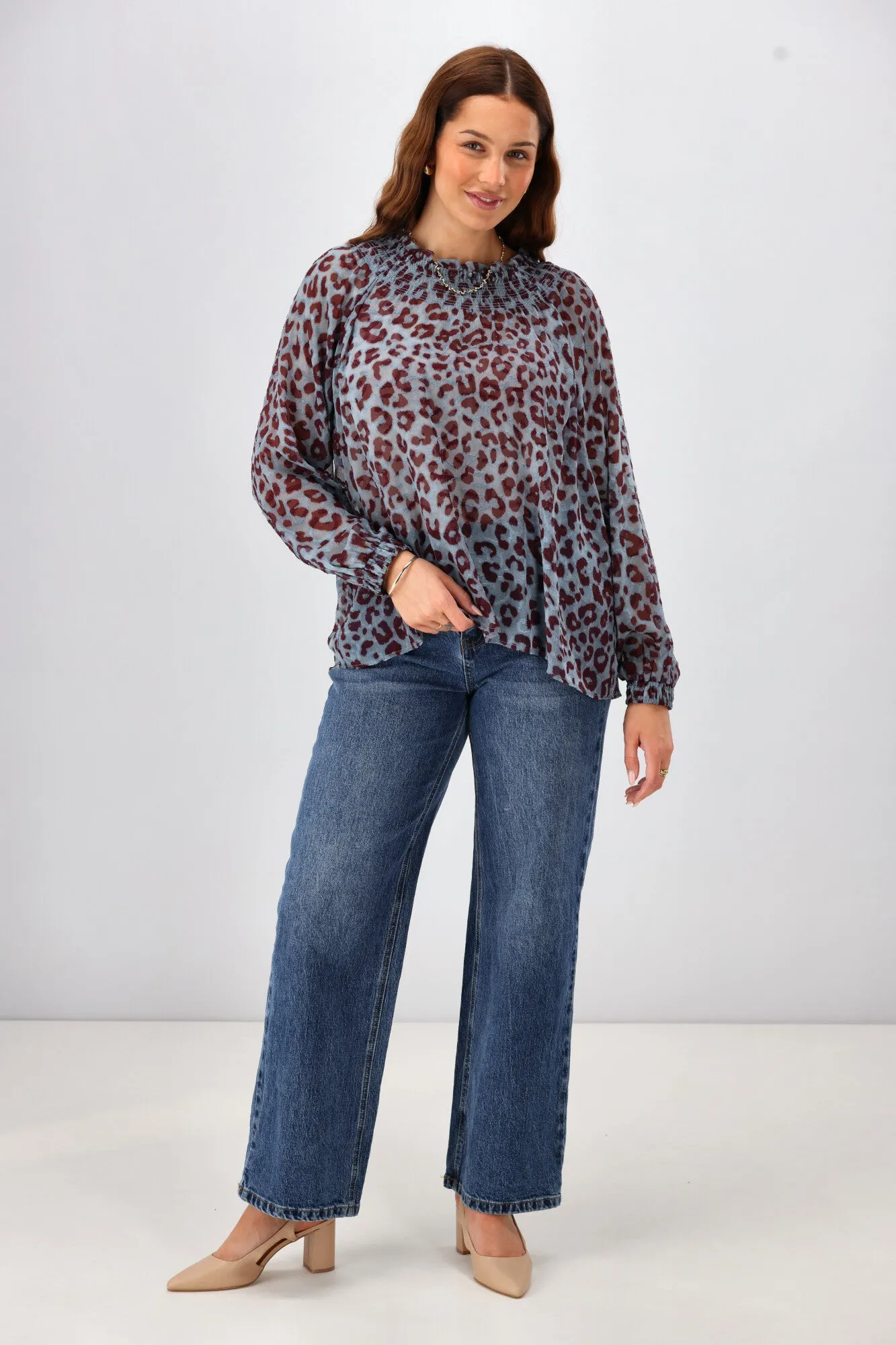 Gloss The Label Nell Shirred Neck Top Blue Animal Print sold by Shine On product image thumbnail 3